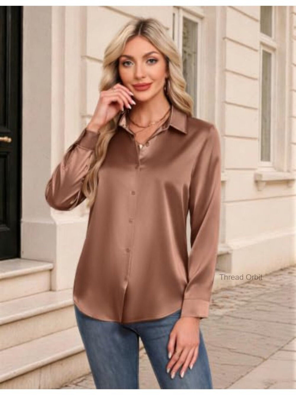 Satin Silk Button Down Blouse Long Sleeve Loose Fit Top - Picture 6 of 6